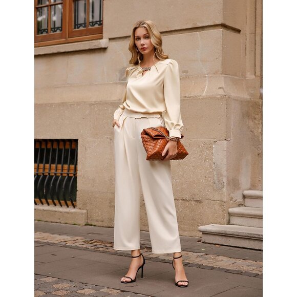 Chic Long Sleeve Satin Silk Top for Women - Elegant Hip-Length Blouse in Apricot - Picture 6 of 9